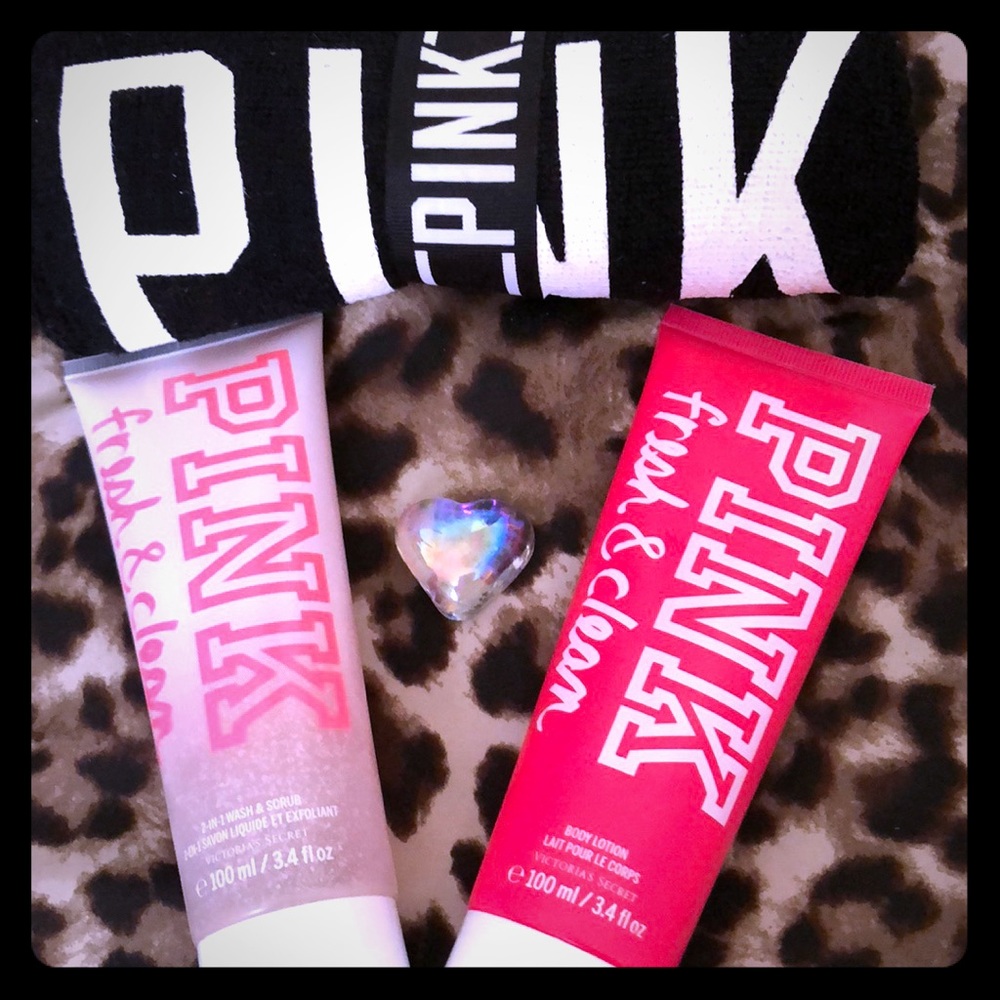 Pink body wash and matching lotion